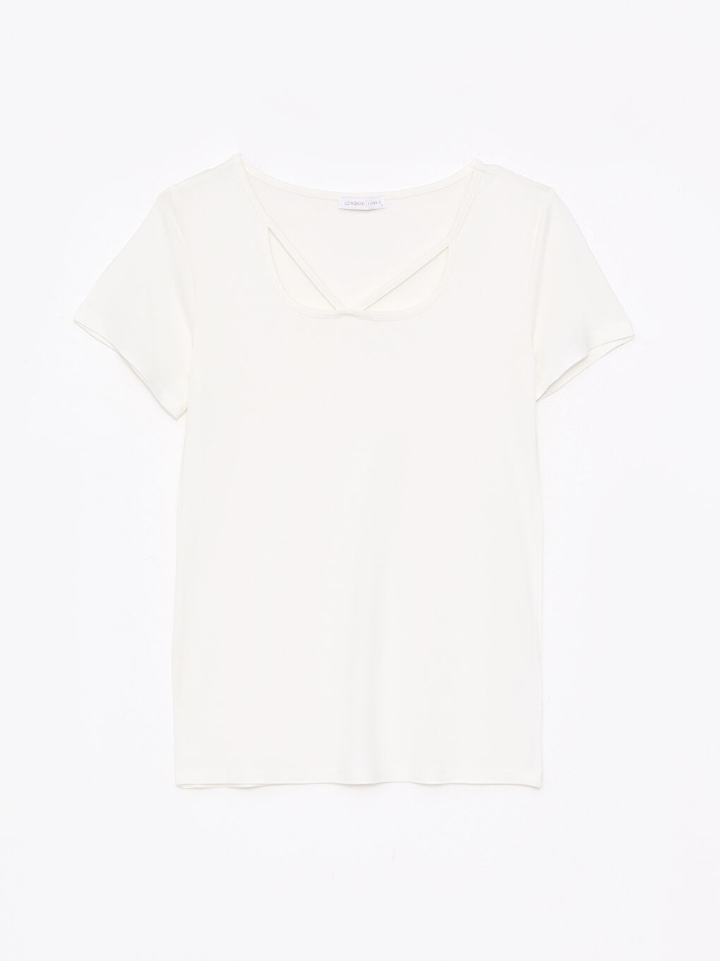 Ekru V Yaka Düz Kısa Kollu Krep Kadın Tişört-4