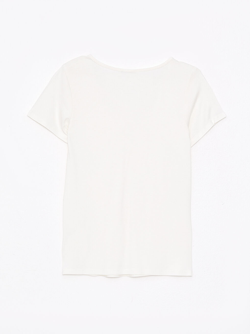 Ekru V Yaka Düz Kısa Kollu Krep Kadın Tişört-5
