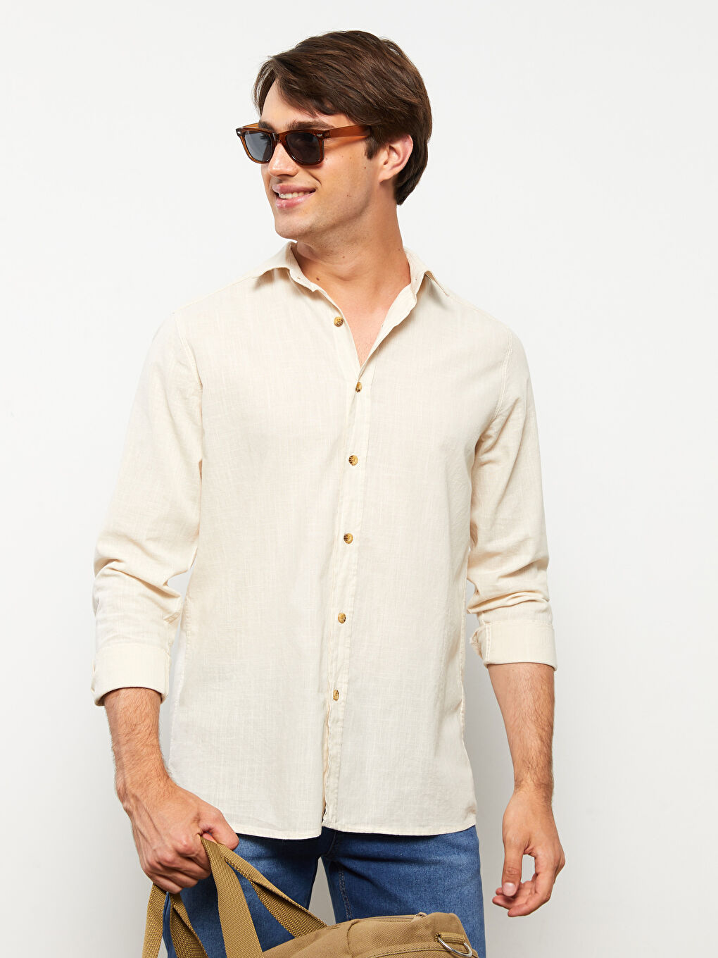 Bej Regular Fit Uzun Kollu Poplin Erkek Gömlek-1