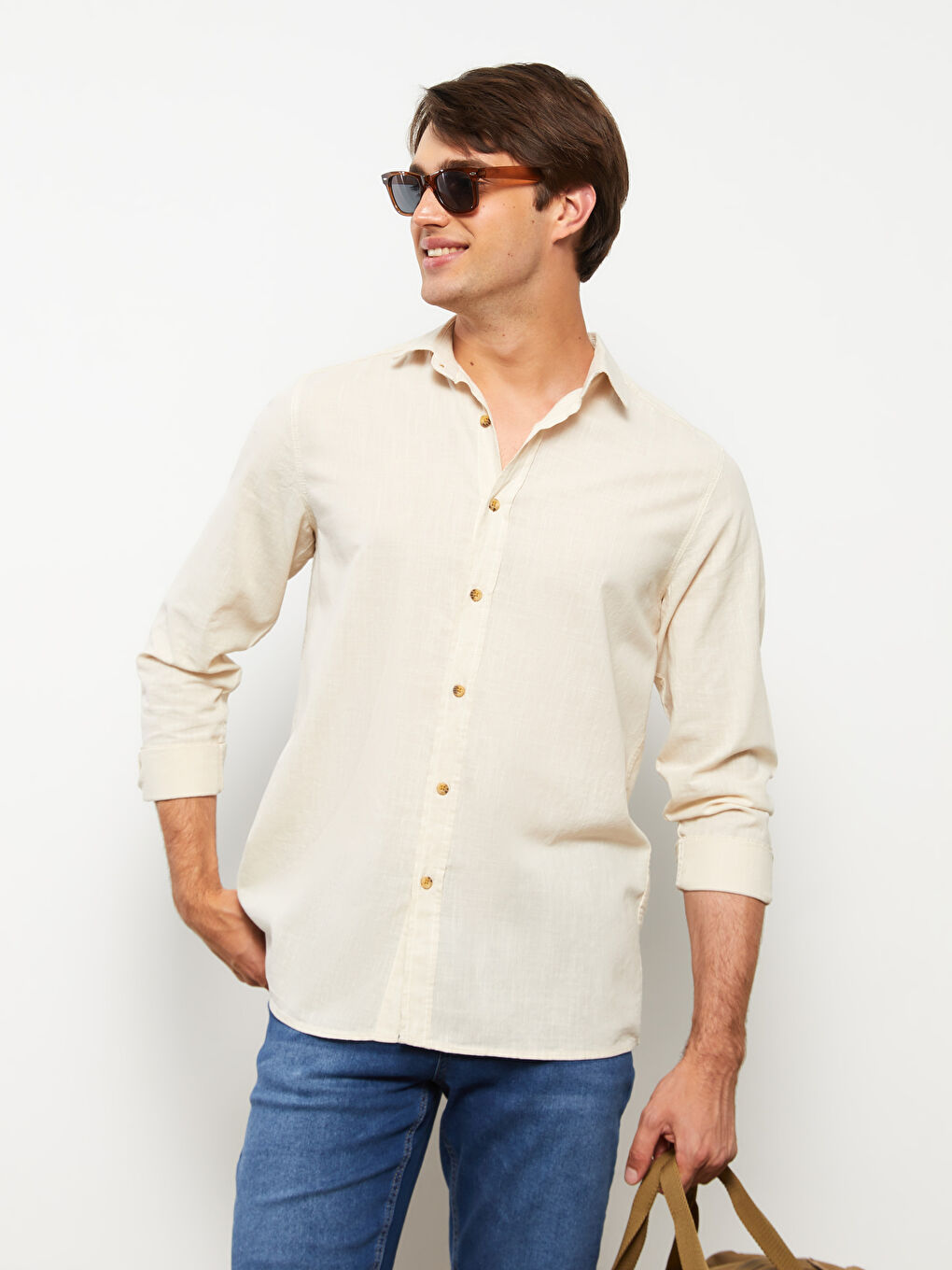 Bej Regular Fit Uzun Kollu Poplin Erkek Gömlek-2