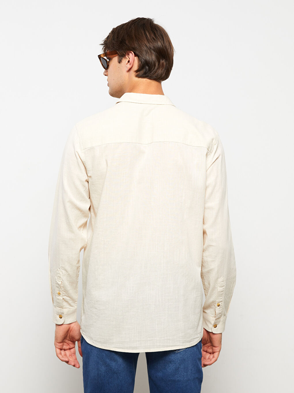 Bej Regular Fit Uzun Kollu Poplin Erkek Gömlek-4