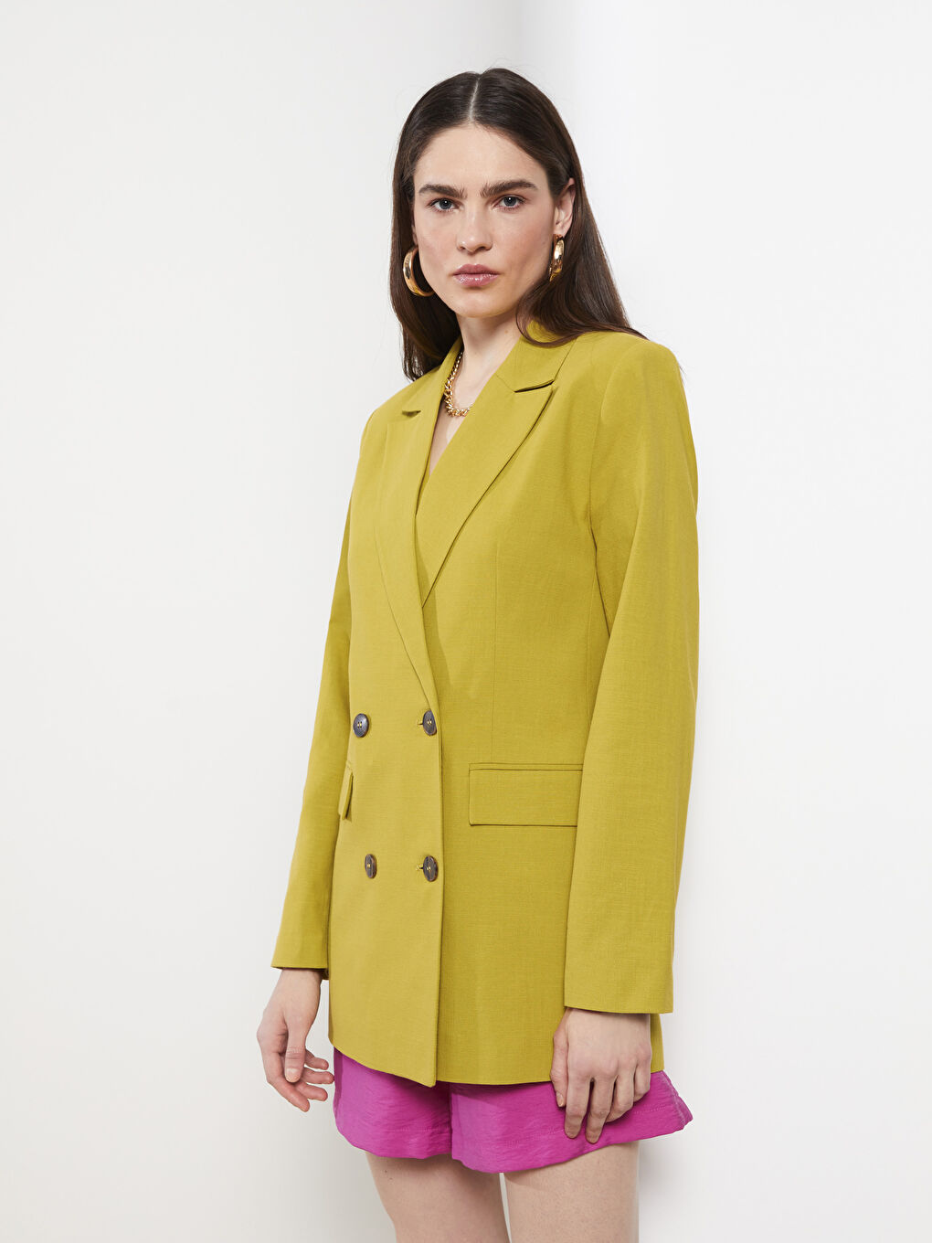 Yeşil Önden Düğme Kapamalı Düz Uzun Kollu Kadın Blazer Ceket-1