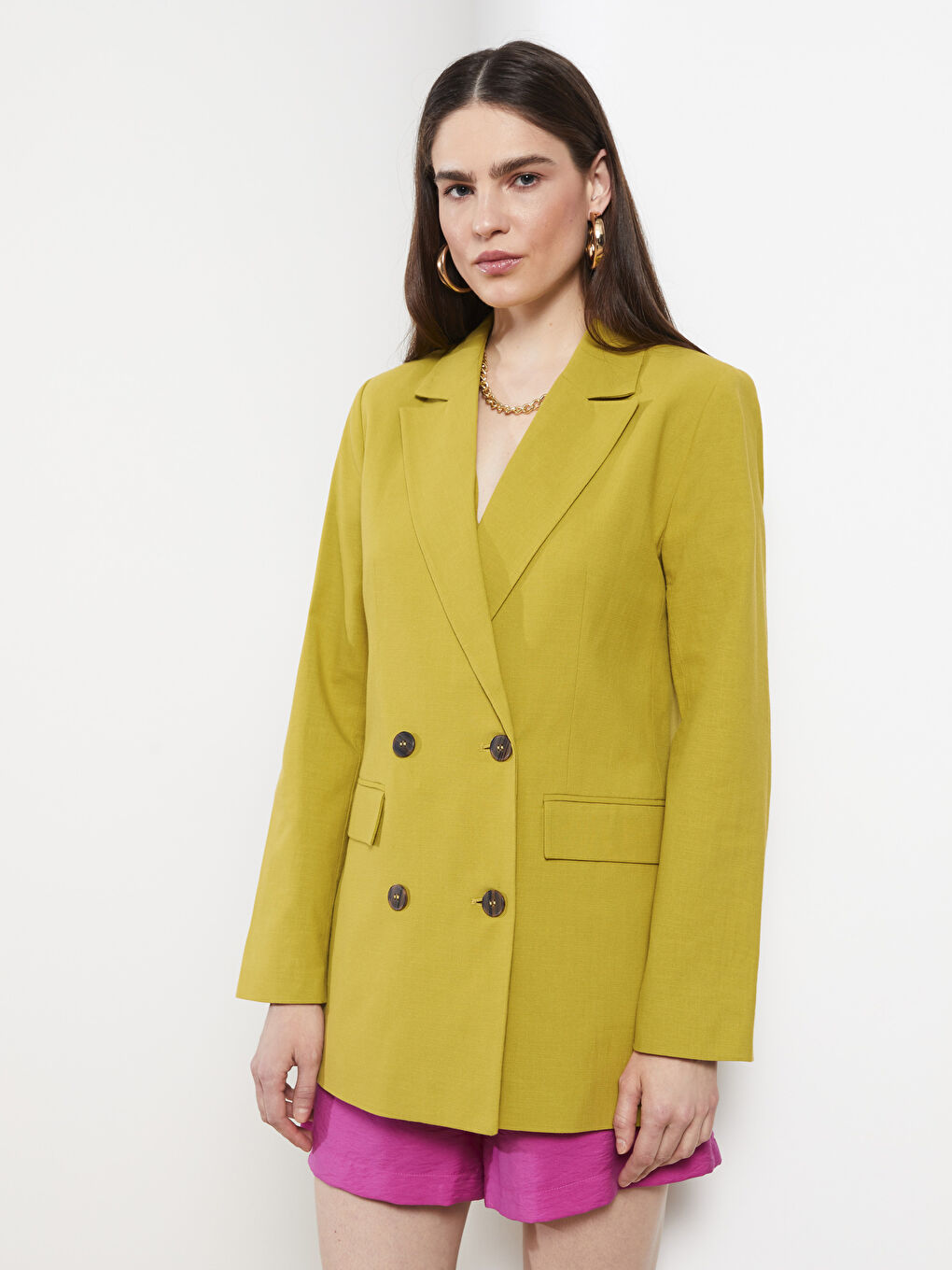 Yeşil Önden Düğme Kapamalı Düz Uzun Kollu Kadın Blazer Ceket-2