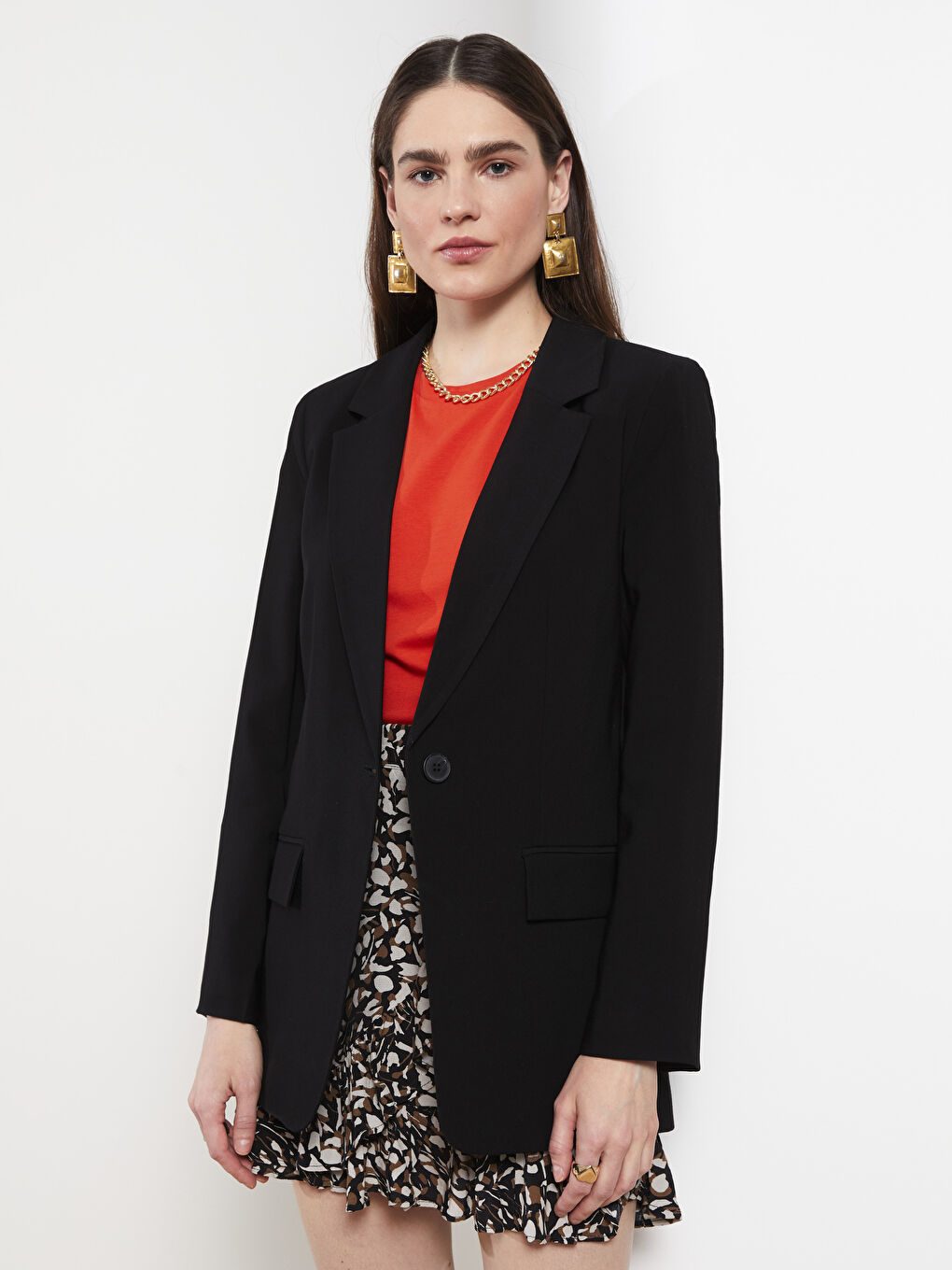 Siyah Önden Düğme Kapamalı Düz Uzun Kollu Gabardin Kadın Blazer Ceket-1