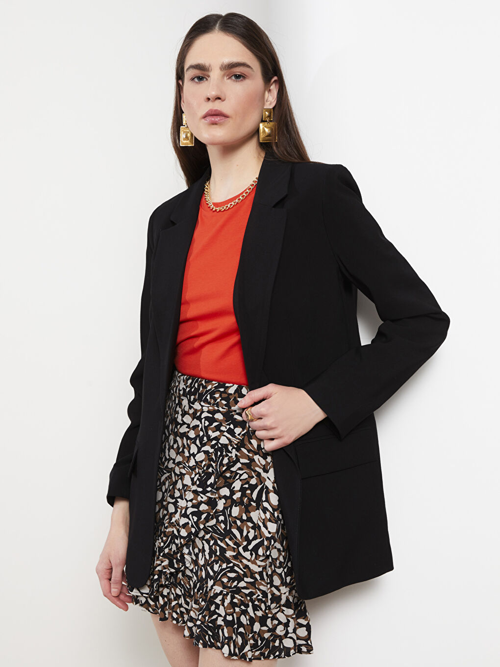 Siyah Önden Düğme Kapamalı Düz Uzun Kollu Gabardin Kadın Blazer Ceket-2