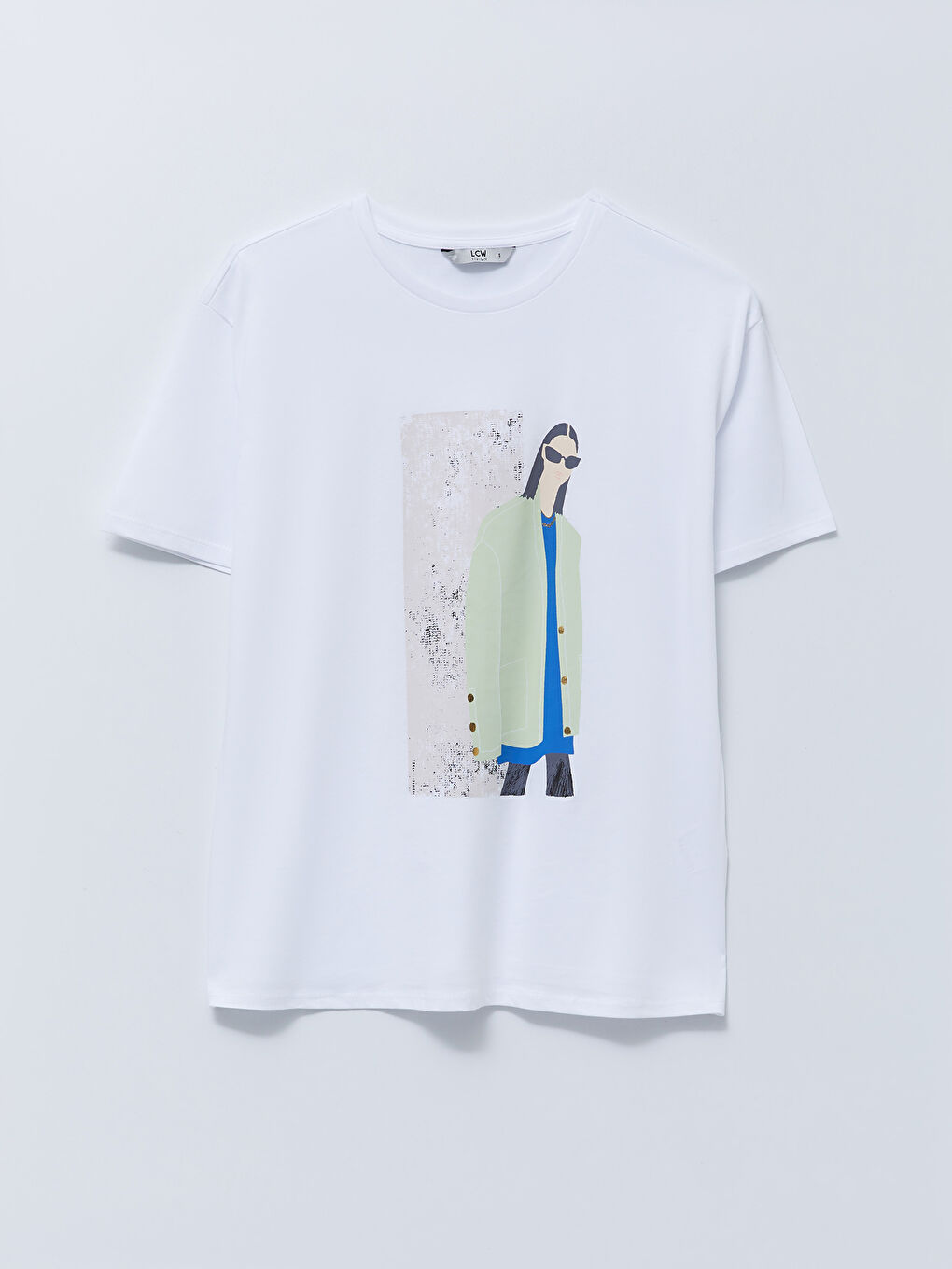 Beyaz Bisiklet Yaka Baskılı Kısa Kollu Pamuklu Kadın Tişört-4