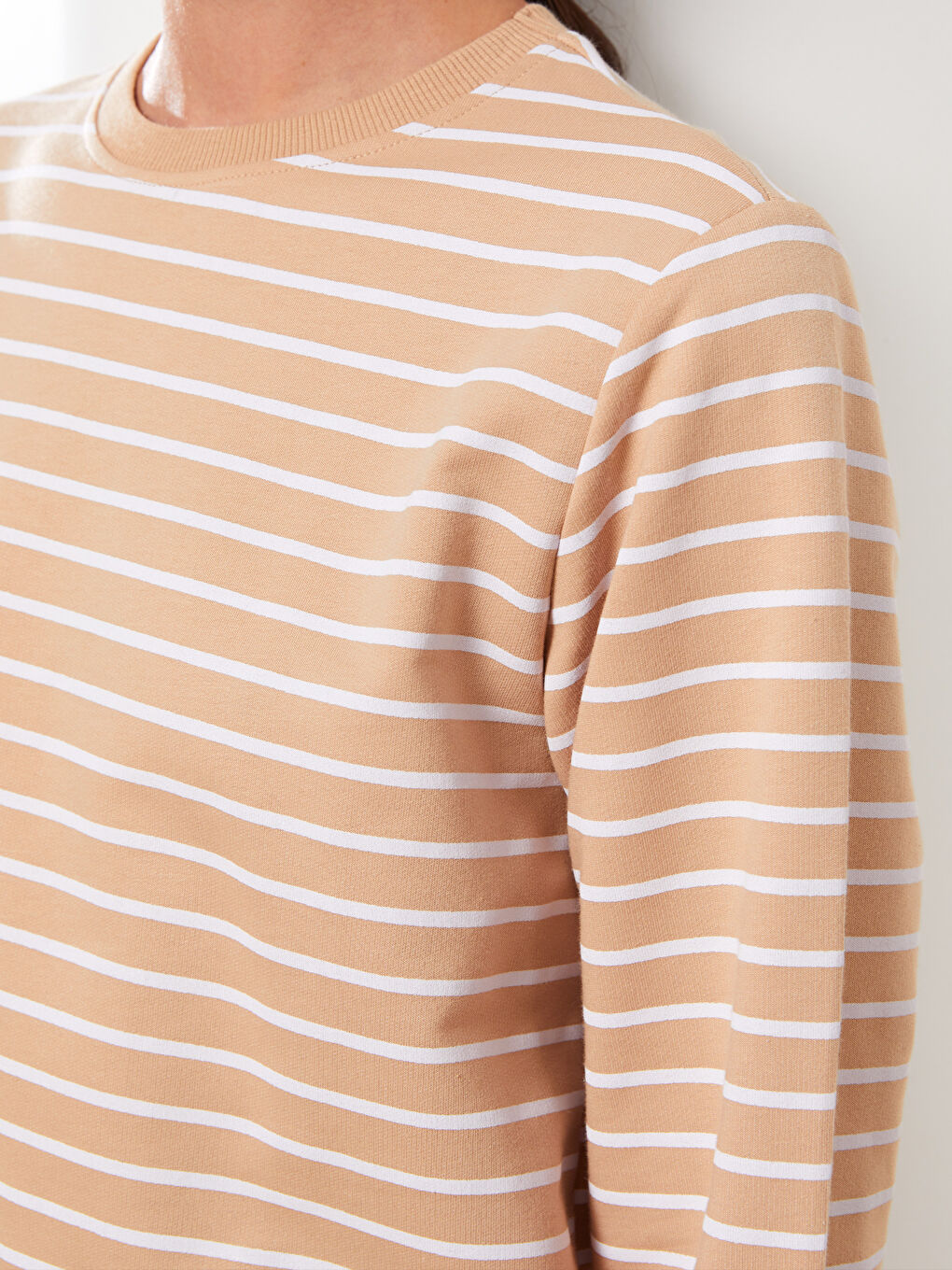 Bej Bisiklet Yaka Çizgili Uzun Kollu Kadın Sweatshirt Tunik-3