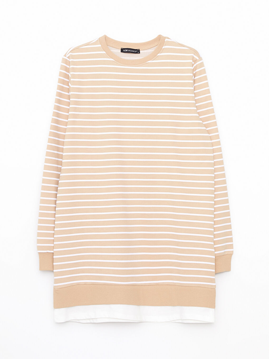 Bej Bisiklet Yaka Çizgili Uzun Kollu Kadın Sweatshirt Tunik-5