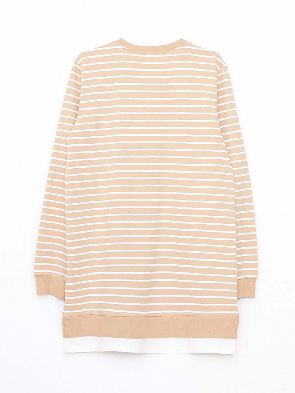 Bej Bisiklet Yaka Çizgili Uzun Kollu Kadın Sweatshirt Tunik-6