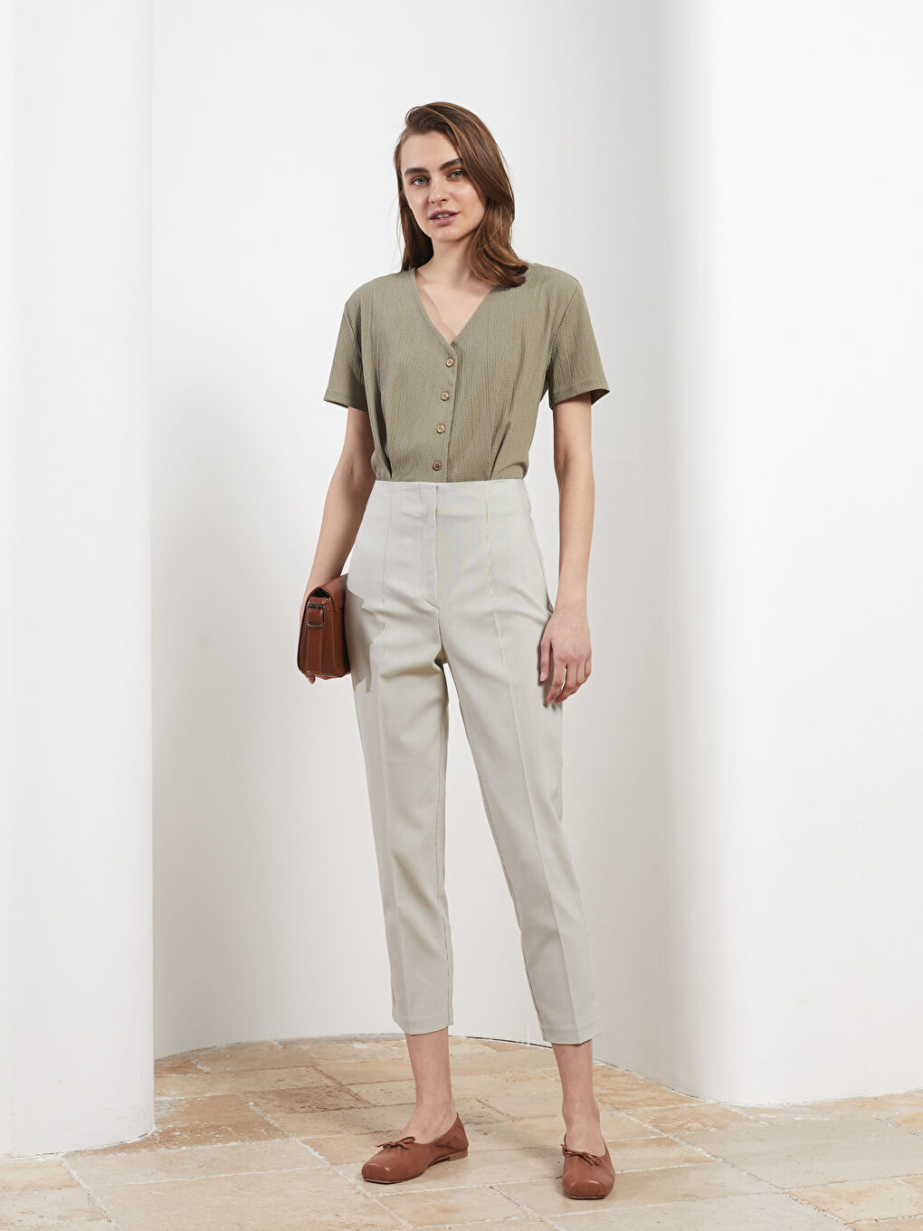 High Waist Standard Fit Striped Pocket Detailed Women's Trousers