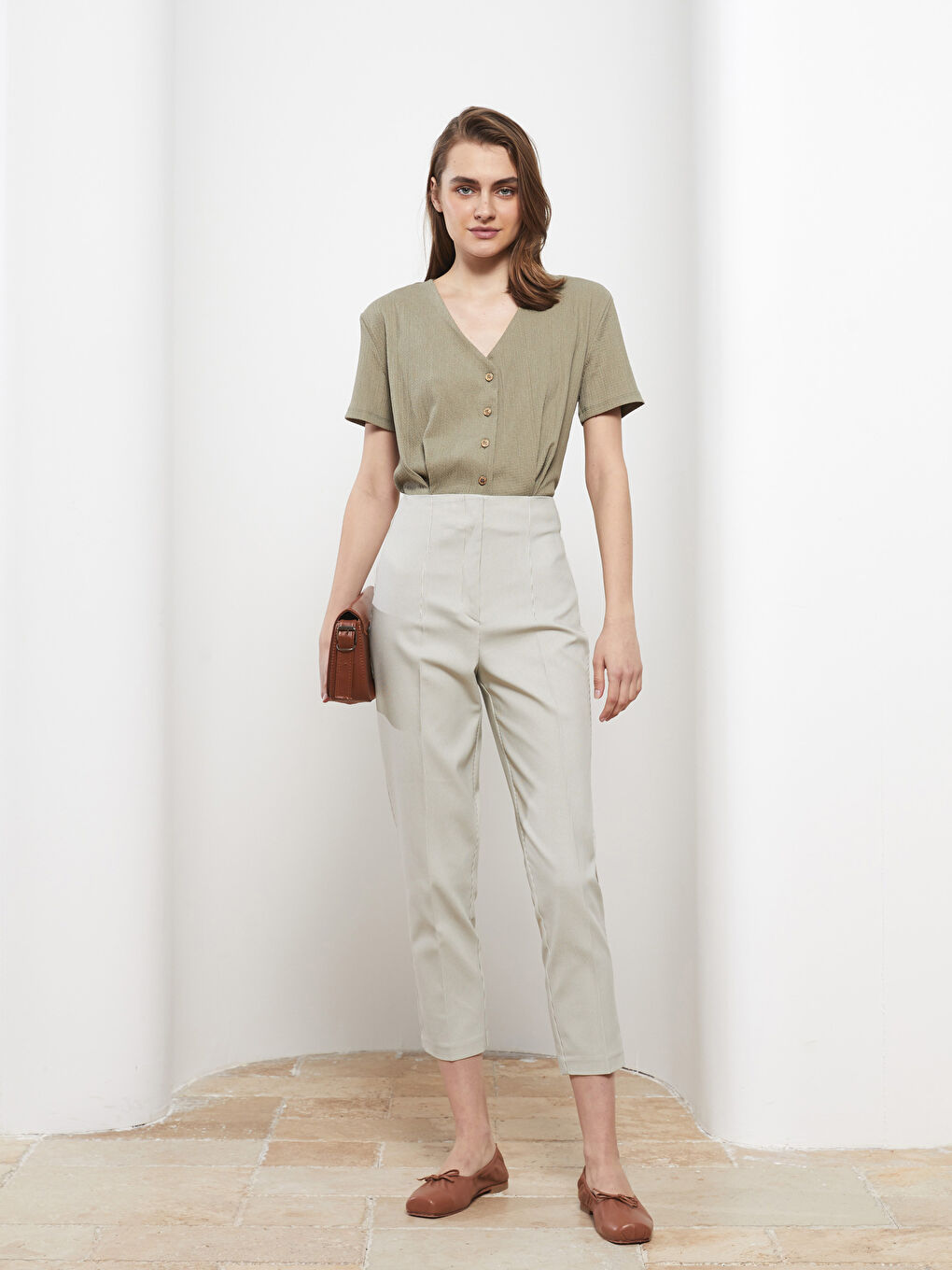 High Waist Standard Fit Striped Pocket Detailed Women's Trousers-1