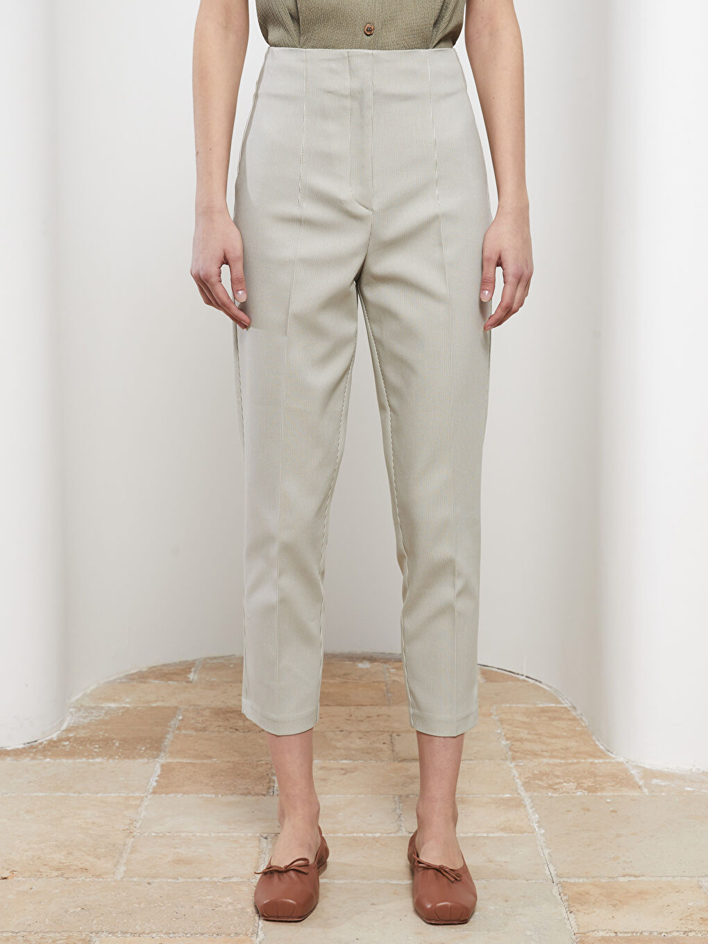 High Waist Standard Fit Striped Pocket Detailed Women's Trousers-2