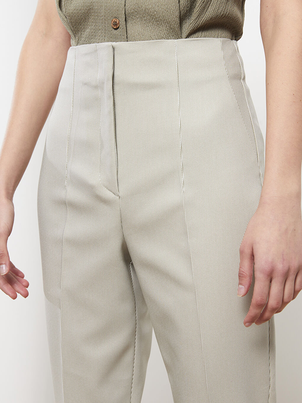 High Waist Standard Fit Striped Pocket Detailed Women's Trousers-3