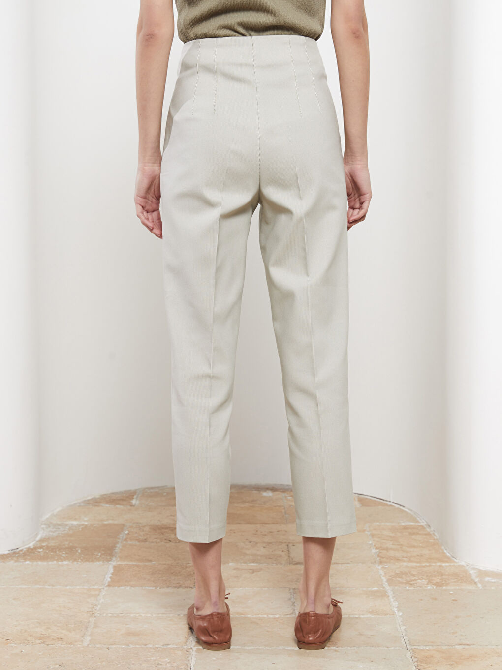 High Waist Standard Fit Striped Pocket Detailed Women's Trousers-4