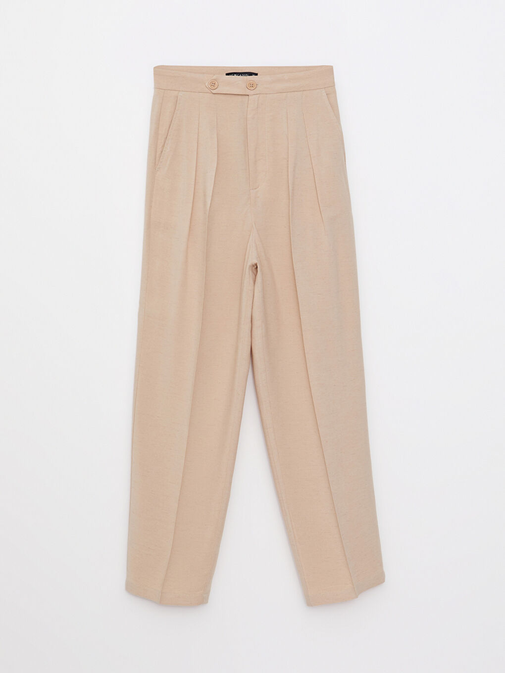 Bej Rahat Kalıp Düz Cep Detaylı Keten Kadın Pantolon-5