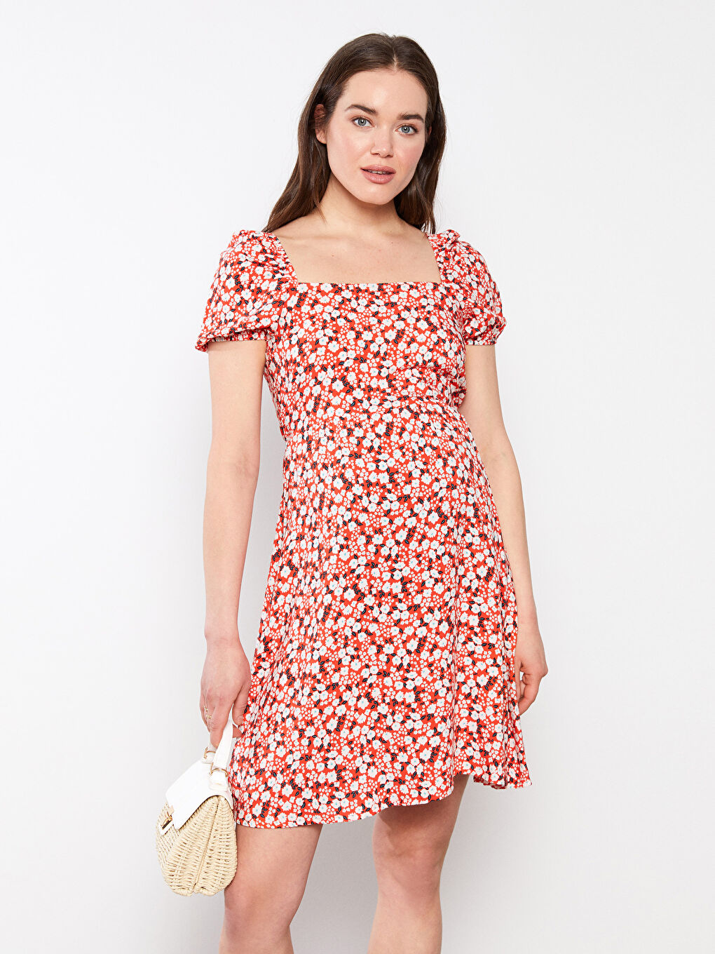 Robe de maternité en viscose à manches courtes et col carré avec motif floral-2