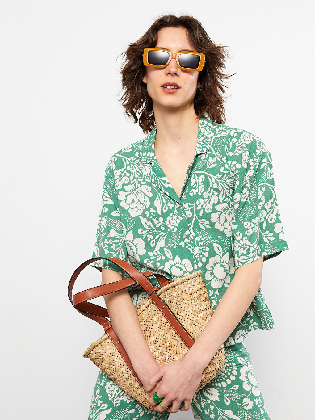 Front Button Closure Floral Short Sleeve Linen Women's Shirt