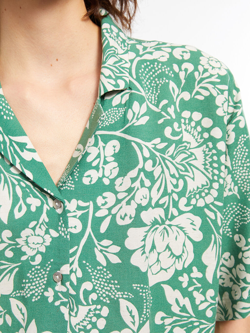 Front Button Closure Floral Short Sleeve Linen Women's Shirt-4