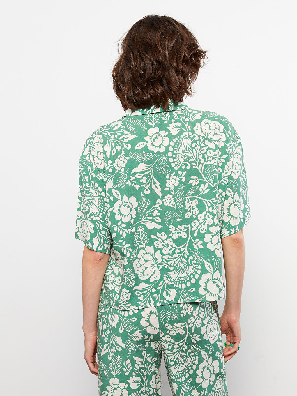 Front Button Closure Floral Short Sleeve Linen Women's Shirt-5