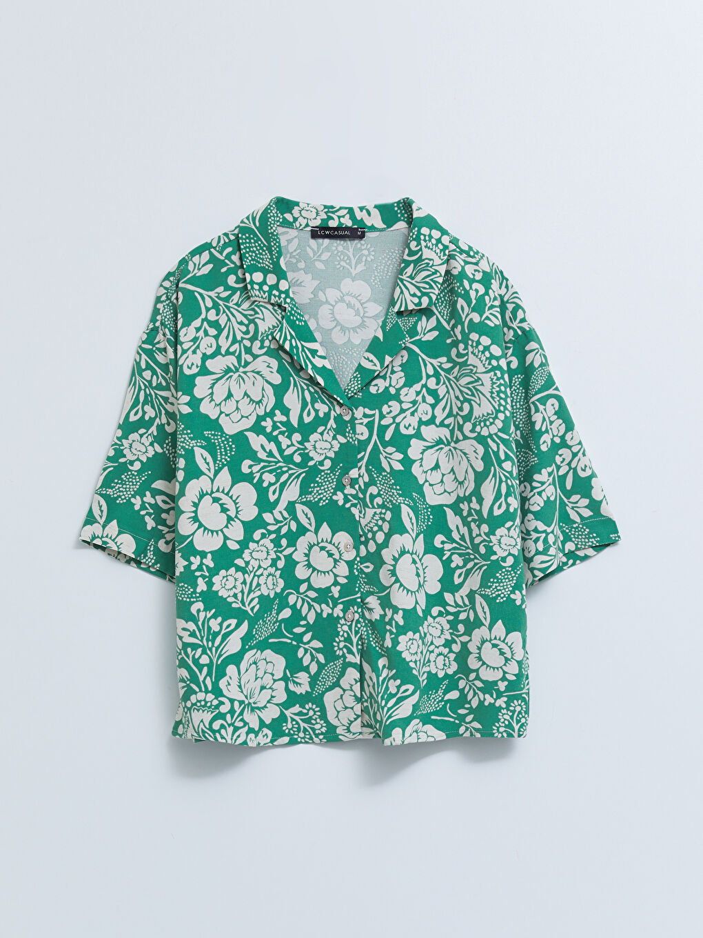 Front Button Closure Floral Short Sleeve Linen Women's Shirt-6