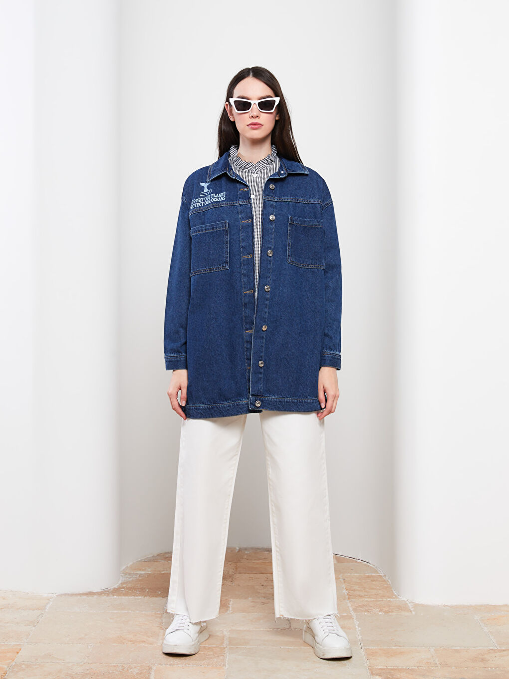 Tunică Cămașă Rodeo din Denim pentru Femei cu Guler și Imprimeu, Mânecă Lungă