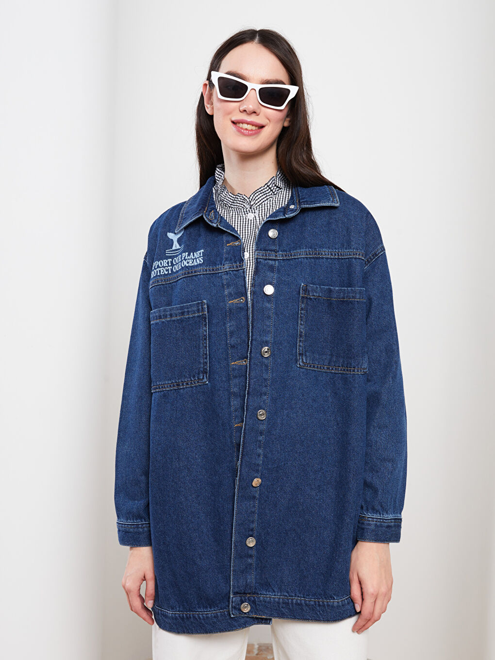 Tunică Cămașă Rodeo din Denim pentru Femei cu Guler și Imprimeu, Mânecă Lungă-1