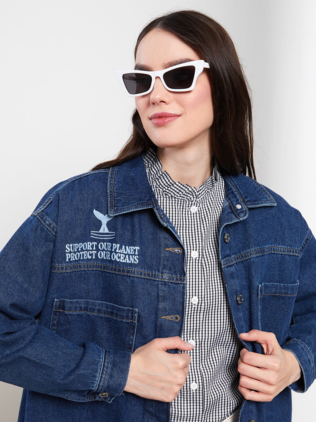 Tunică Cămașă Rodeo din Denim pentru Femei cu Guler și Imprimeu, Mânecă Lungă-2