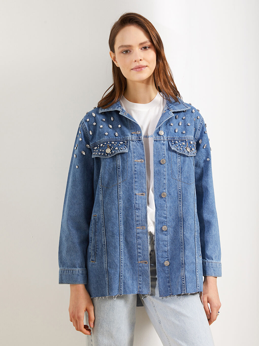 İndigo Gömlek Yaka Parlak Taşlı Kadın Jean Ceket
