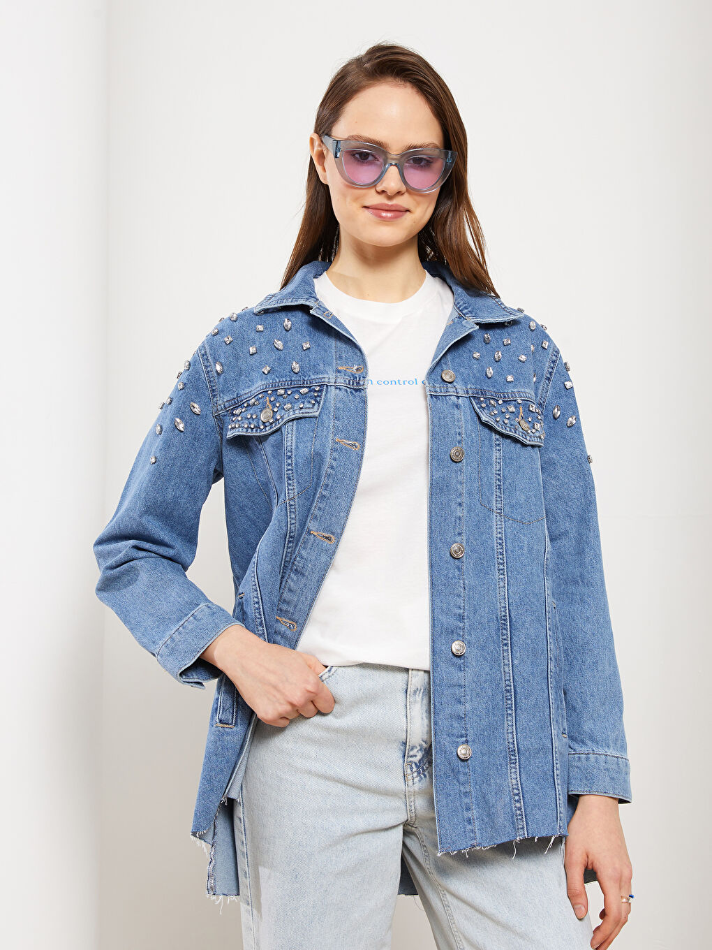 İndigo Gömlek Yaka Parlak Taşlı Kadın Jean Ceket-1
