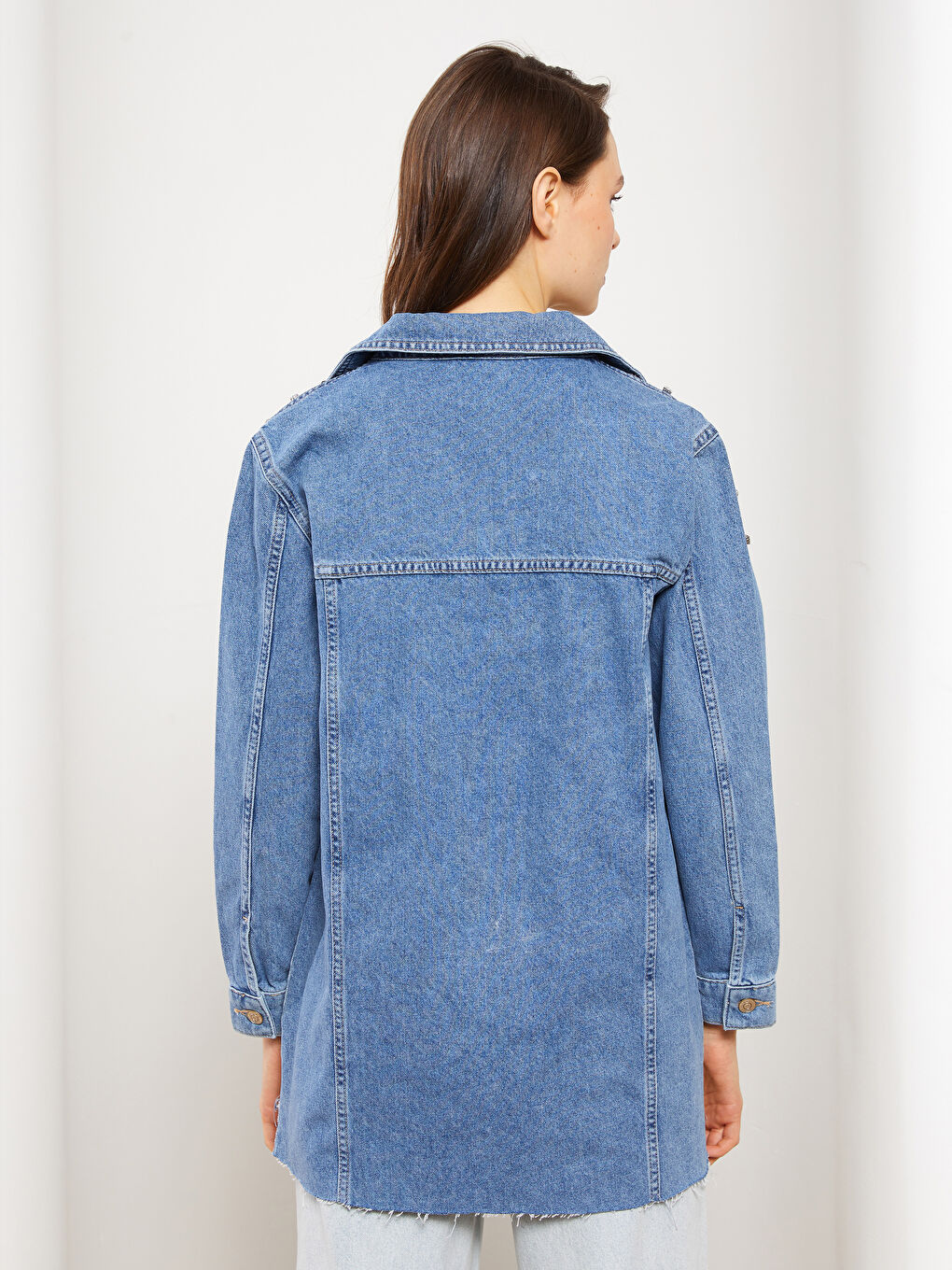 İndigo Gömlek Yaka Parlak Taşlı Kadın Jean Ceket-4
