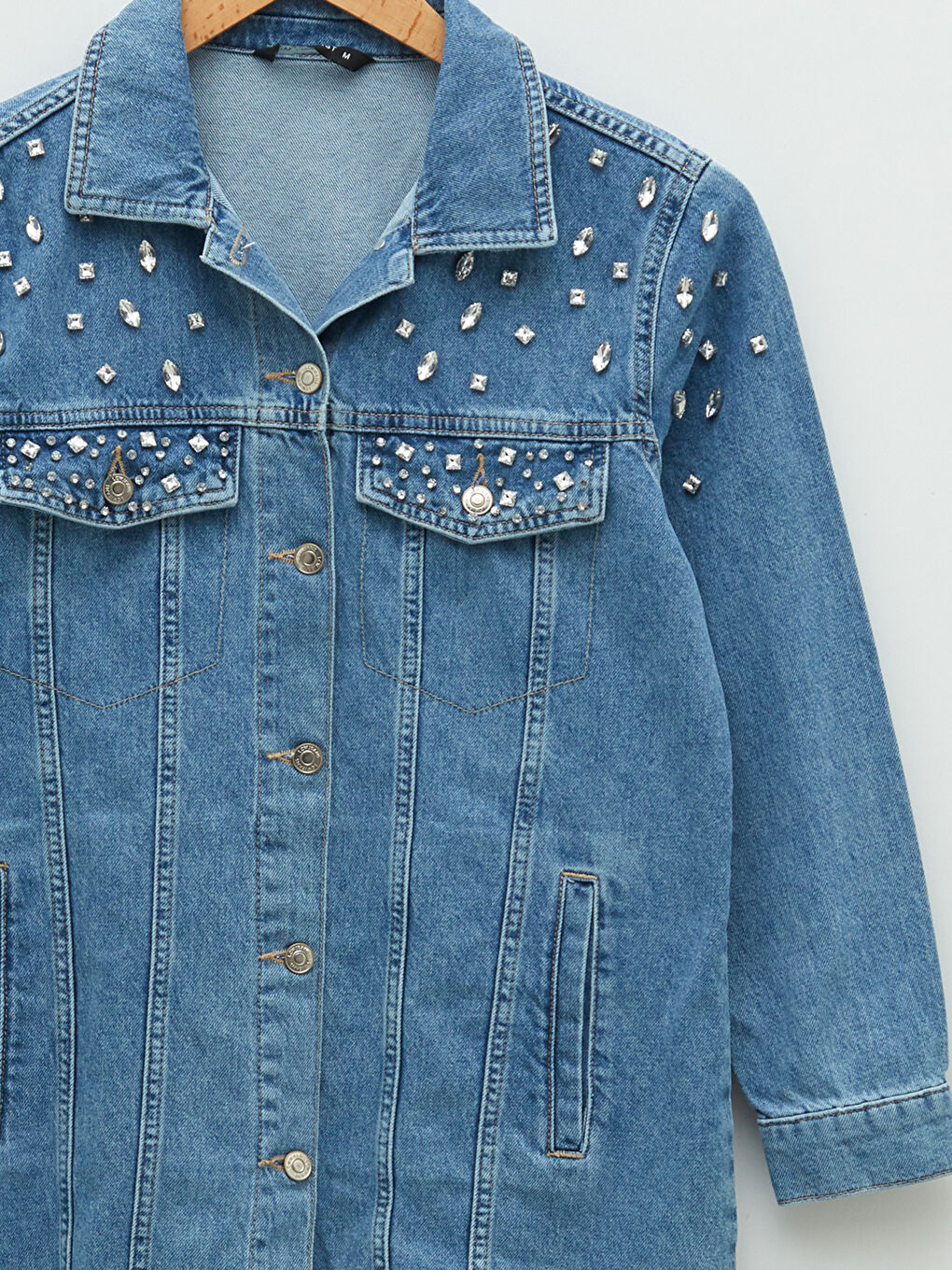 İndigo Gömlek Yaka Parlak Taşlı Kadın Jean Ceket-7