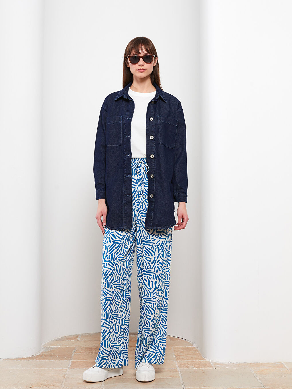 İndigo Gömlek Yaka Düz Uzun Kollu Kadın Rodeo Jean Tunik-1