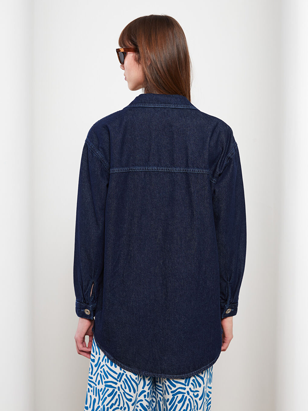 İndigo Gömlek Yaka Düz Uzun Kollu Kadın Rodeo Jean Tunik-3