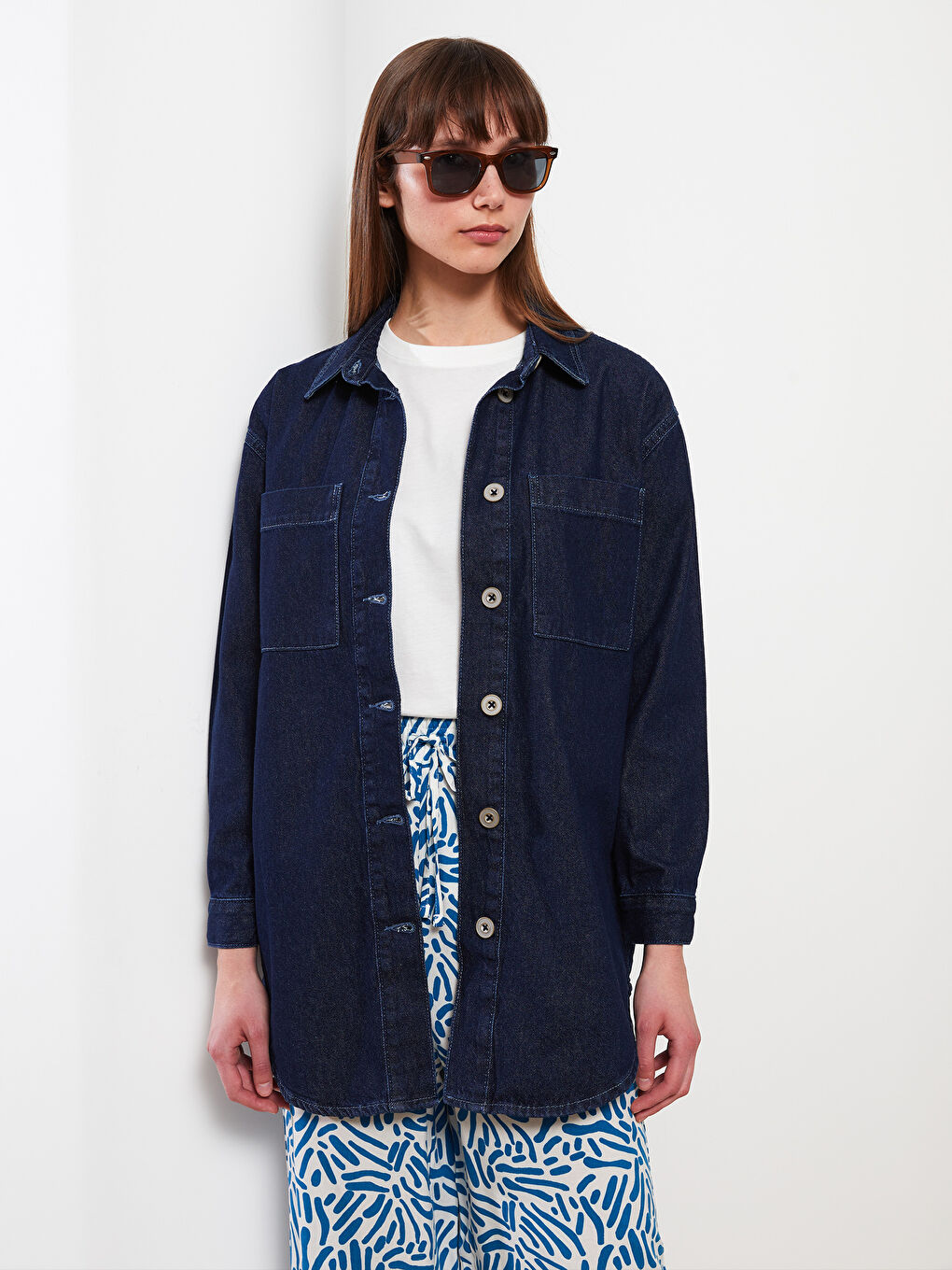İndigo Gömlek Yaka Düz Uzun Kollu Kadın Rodeo Jean Tunik