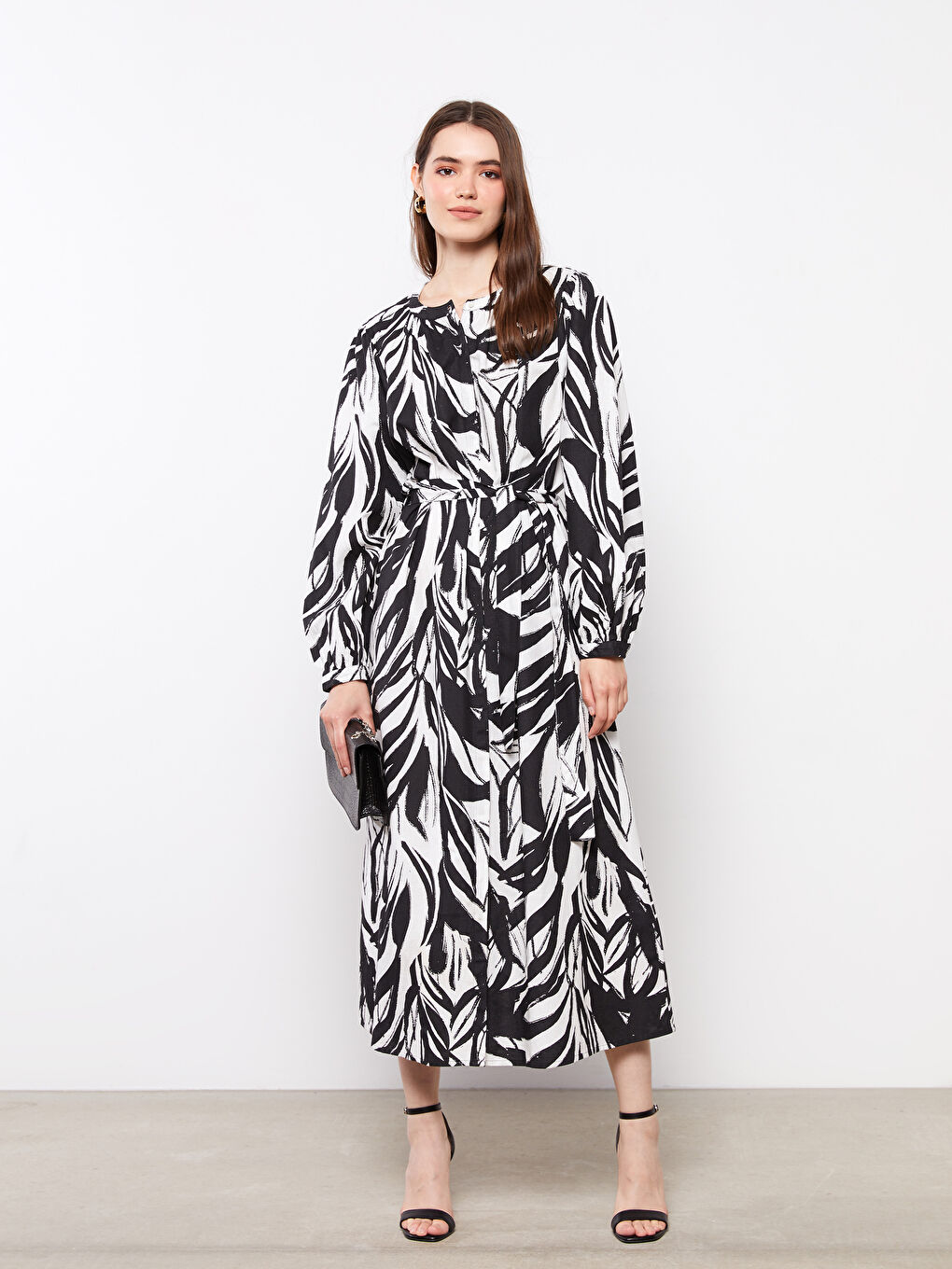 Crew Neck Patterned Long Sleeve Gabardine Women's Shirt Dress -S2IC82Z8-LQJ