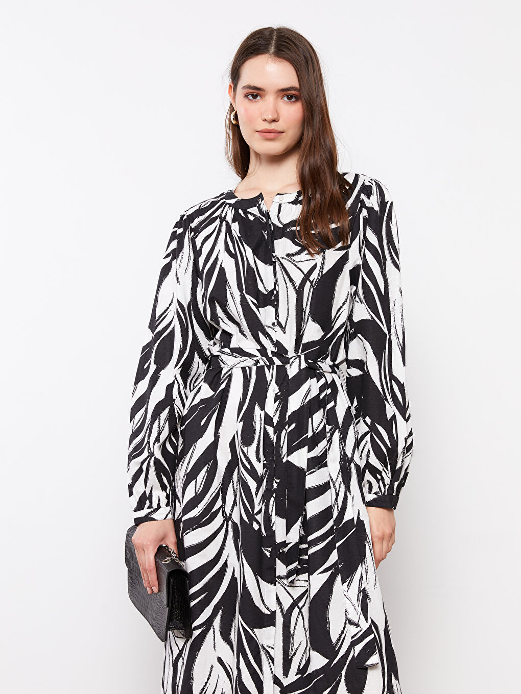 Crew Neck Patterned Long Sleeve Gabardine Women's Shirt Dress -S2IC82Z8-LQJ