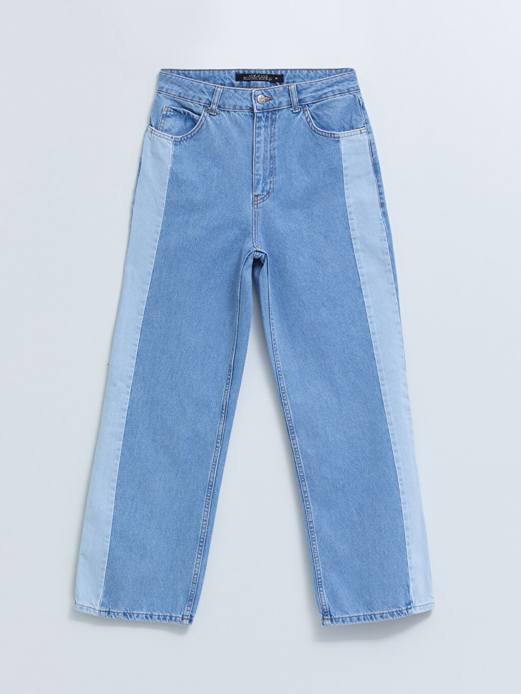 İndigo Standart Fit Renk Bloklu Cep Detaylı Geniş Paça Kadın Jean Pantolon-5