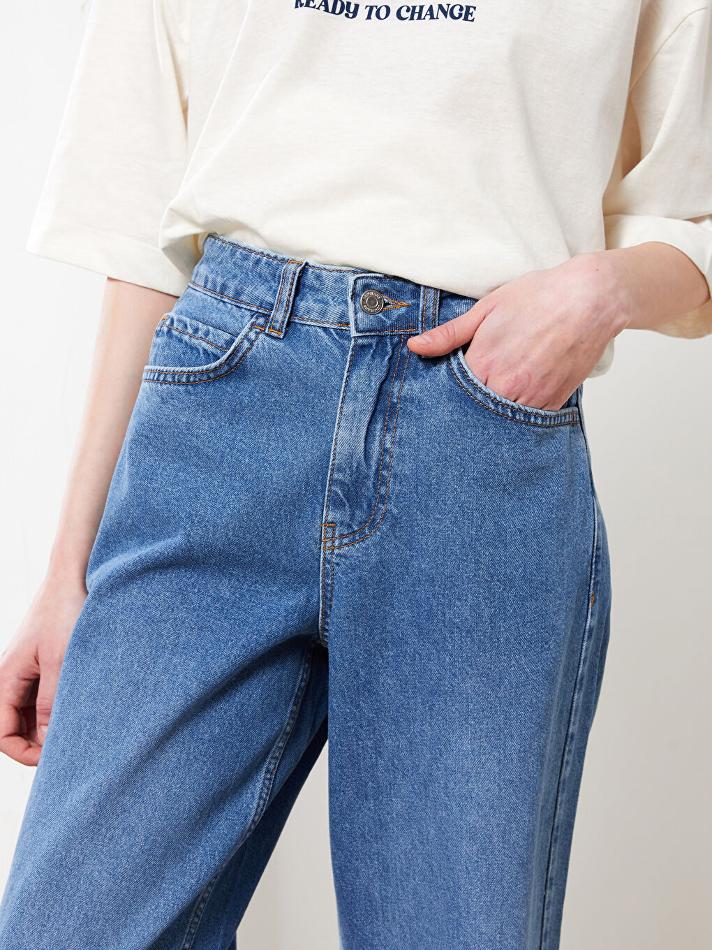 İndigo Rahat Kalıp Düz Geniş Paça Kadın Rodeo Jean Pantolon-5