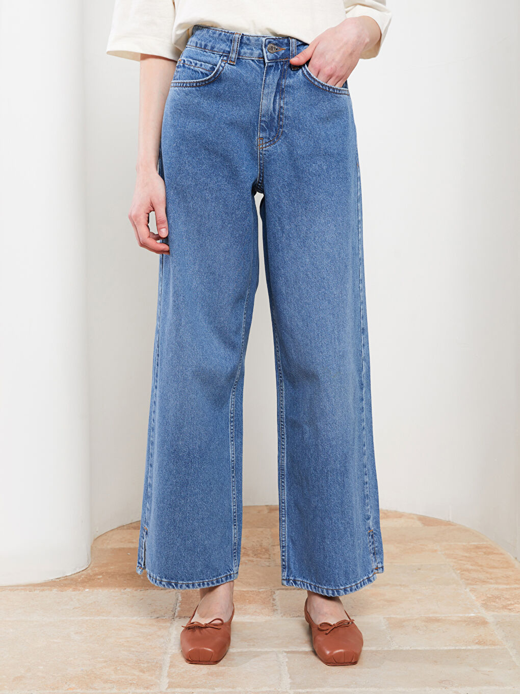 İndigo Rahat Kalıp Düz Geniş Paça Kadın Rodeo Jean Pantolon-7