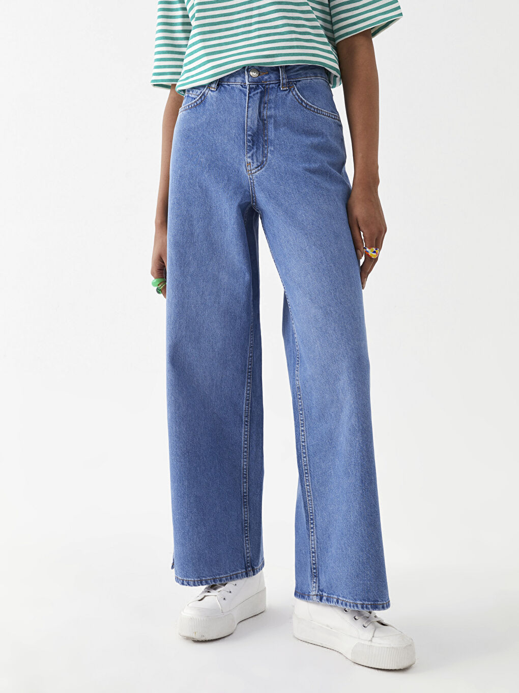 İndigo Rahat Kalıp Düz Geniş Paça Kadın Rodeo Jean Pantolon-4