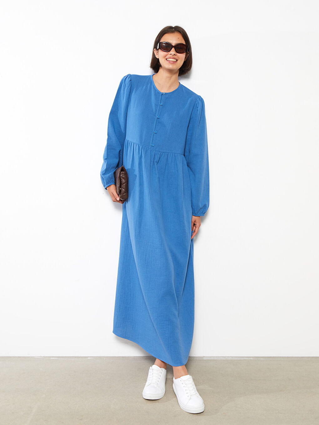 Mavi Bisiklet Yaka Düz Uzun Kollu Pamuklu Kadın Elbise