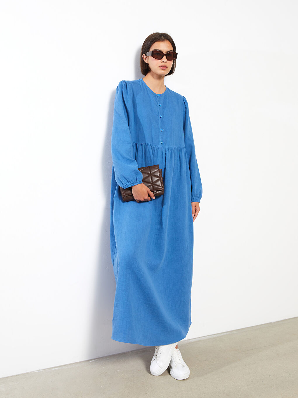 Mavi Bisiklet Yaka Düz Uzun Kollu Pamuklu Kadın Elbise-1