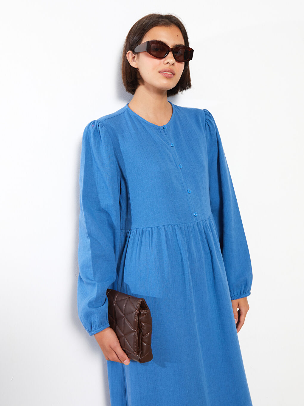 Mavi Bisiklet Yaka Düz Uzun Kollu Pamuklu Kadın Elbise-2