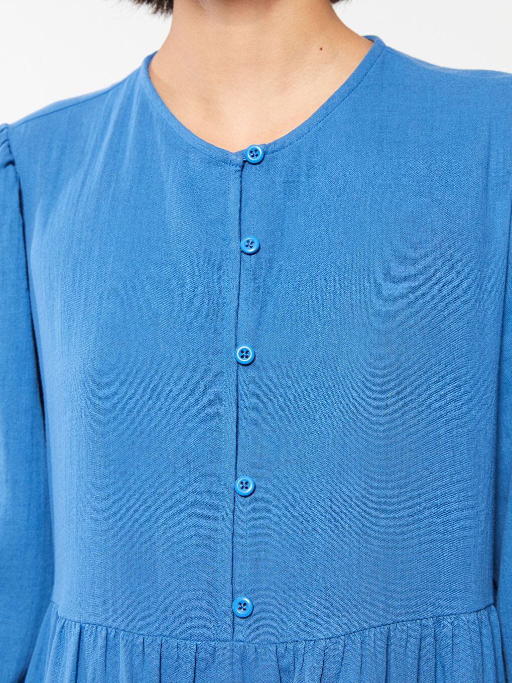 Mavi Bisiklet Yaka Düz Uzun Kollu Pamuklu Kadın Elbise-3