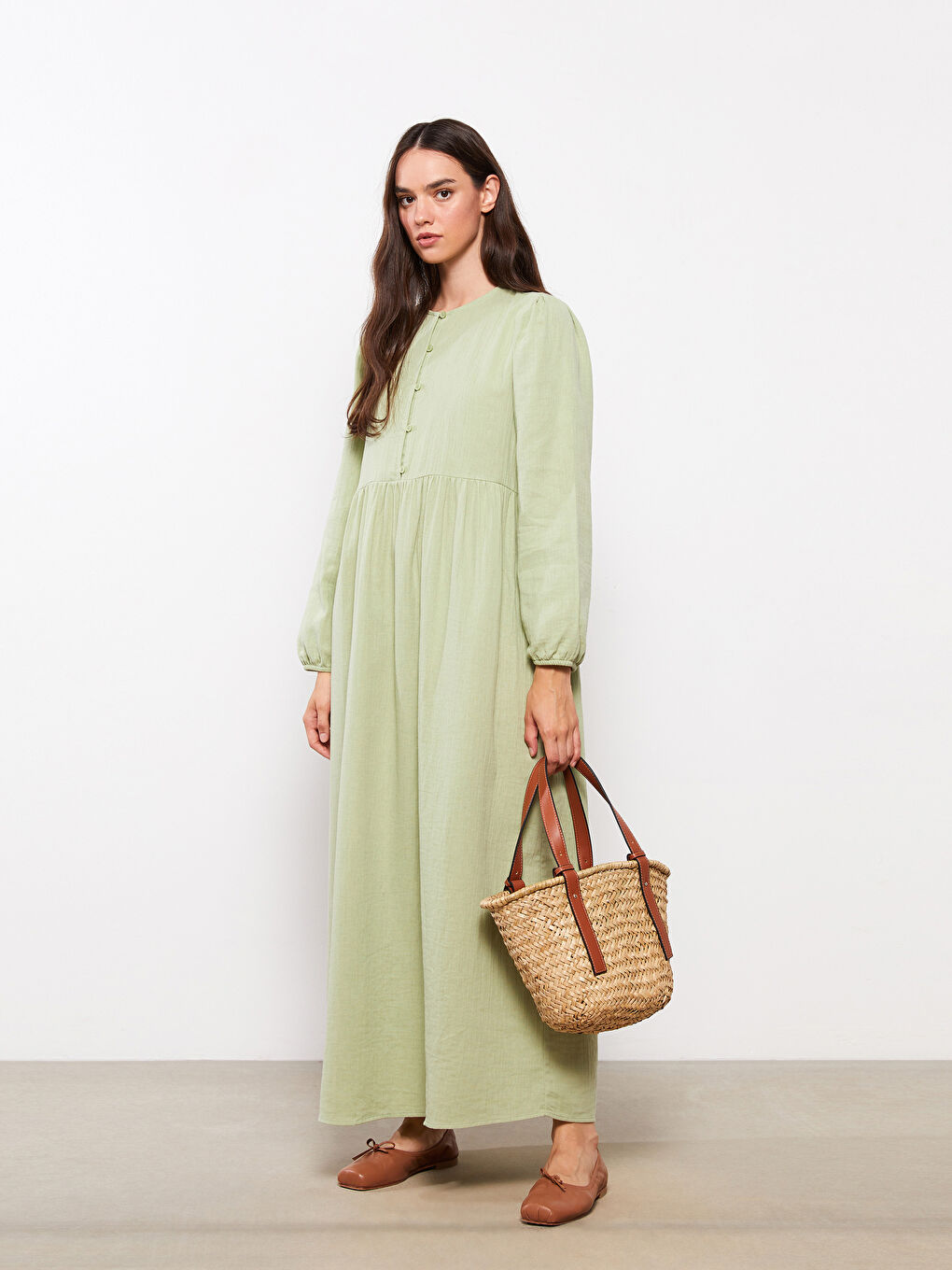 Robe en Coton à Col Rond Droite à Manches Longues pour Femmes