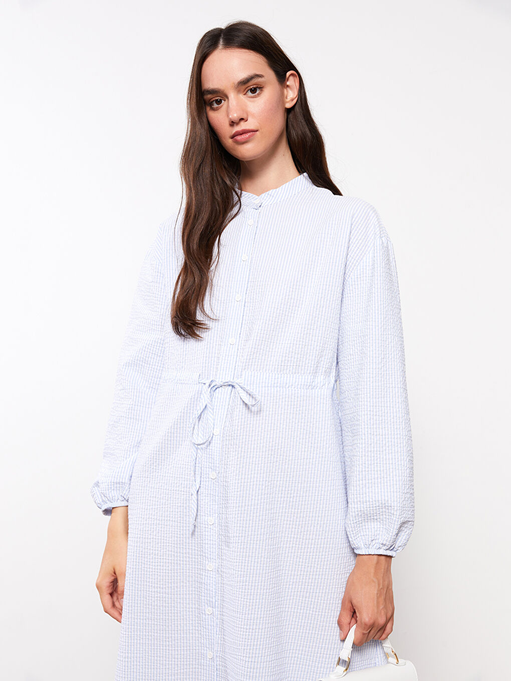 Mavi Hakim Yaka Çizgili Uzun Kollu Kadın Elbise-1