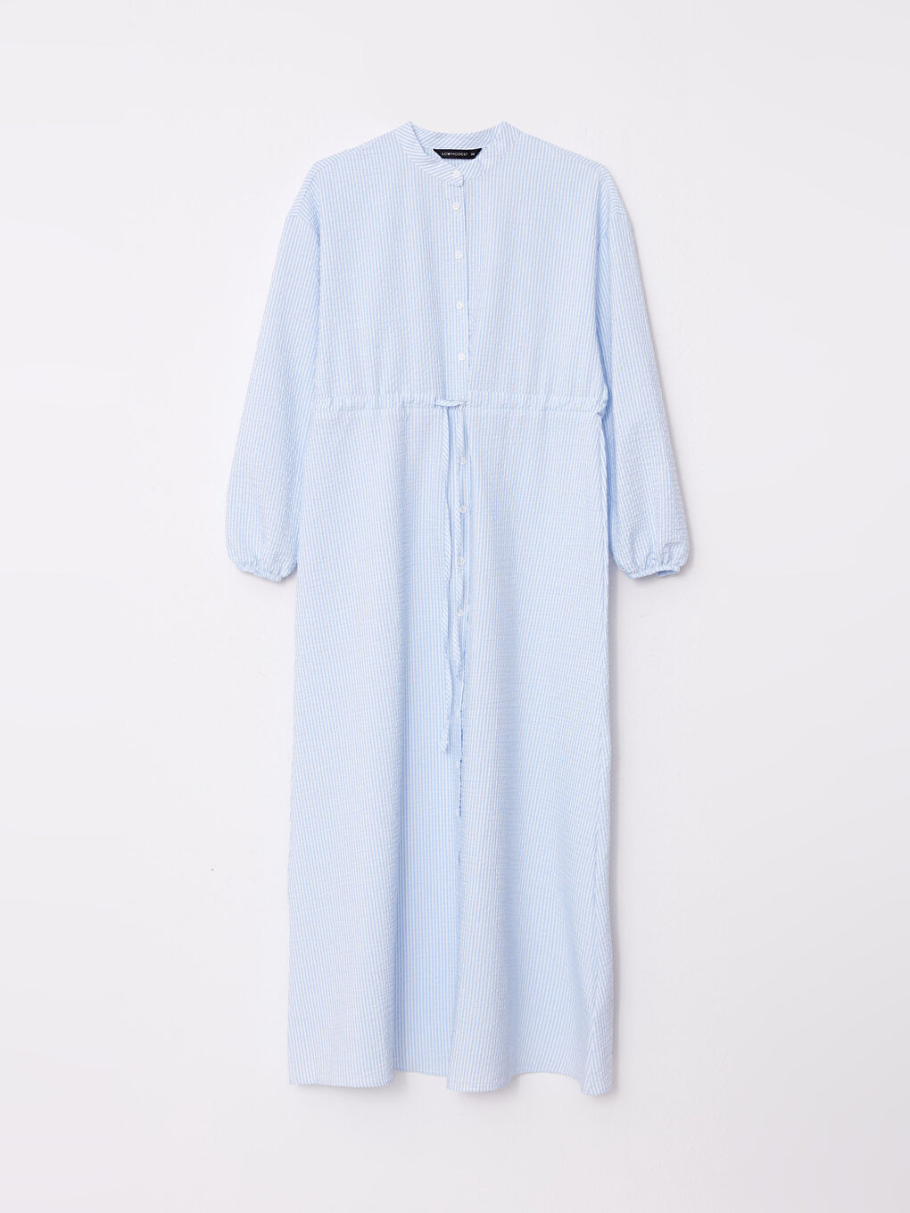 Mavi Hakim Yaka Çizgili Uzun Kollu Kadın Elbise-4