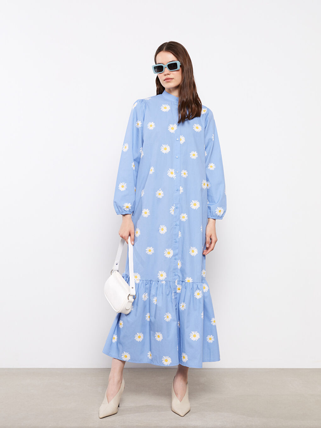 Mavi Hakim Yaka Çiçekli Poplin Kadın Elbise