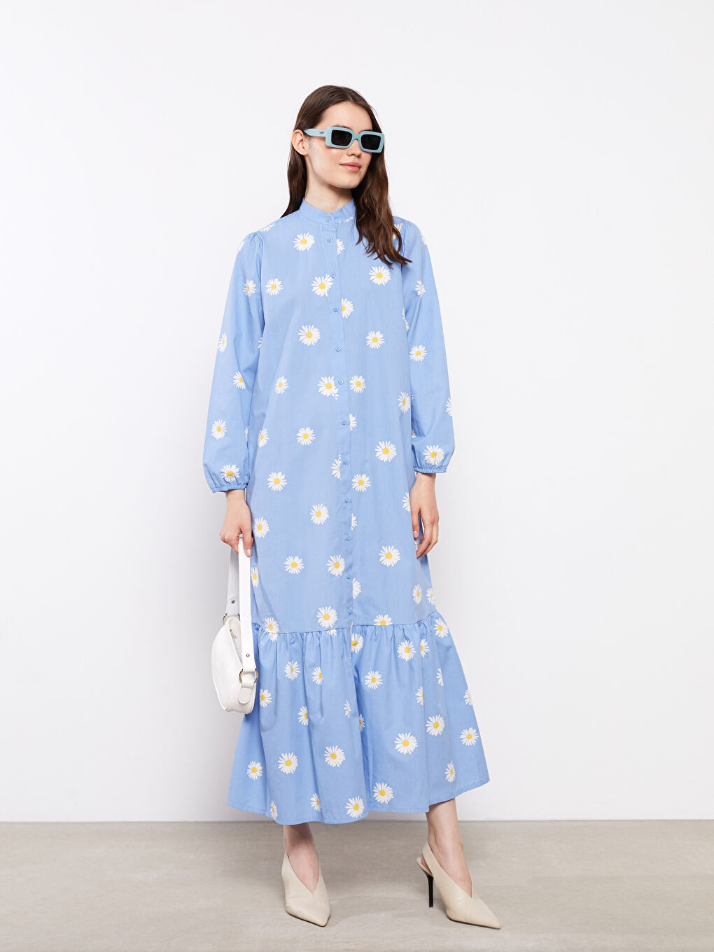 Mavi Hakim Yaka Çiçekli Poplin Kadın Elbise-1