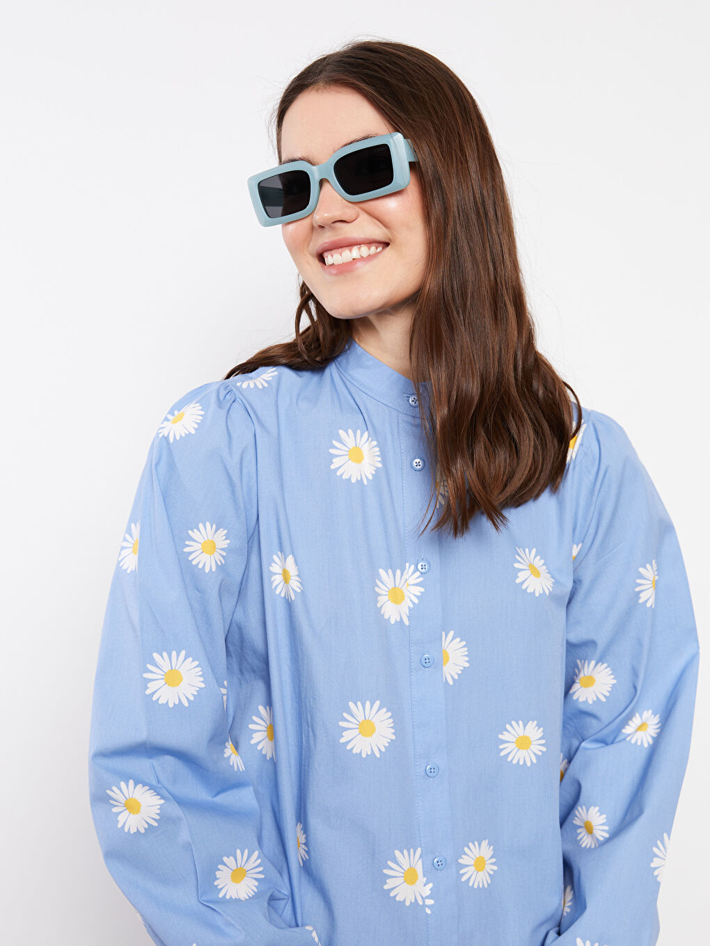 Mavi Hakim Yaka Çiçekli Poplin Kadın Elbise-2